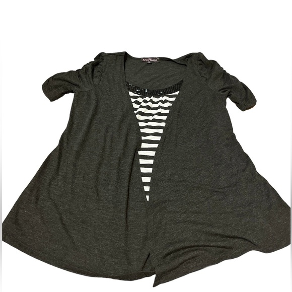 Gray, White, and Black Almost Famous Juniors Top Has Stripes and Sequins - Picture 2 of 5